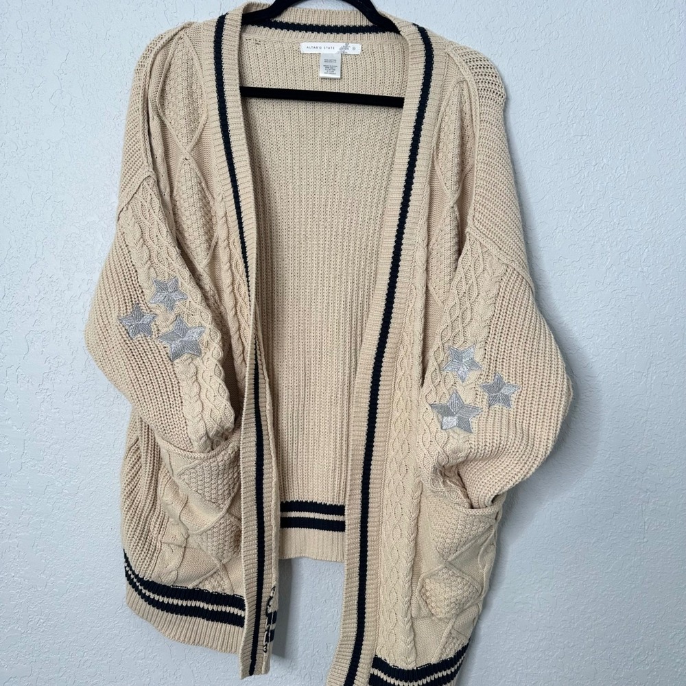 Altar'd State Talia Beige Cable Knit Star Embroidered Cardigan Women Size S